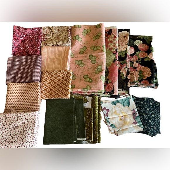 Quilting Fabric Remnants Lot Shabby Chic Pink Green Burgundy Flowers Paisley - Picture 1 of 8
